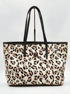 MCM Leopard Print Large Shopper Tote Bag Visetos Leather Trim